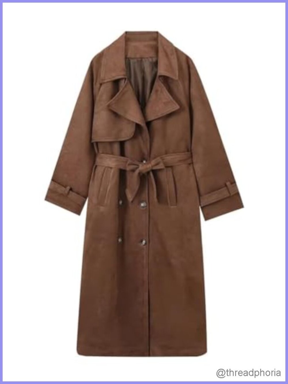 Faux Suede Trench Coat Long Double Breasted Pea Coat with Belt